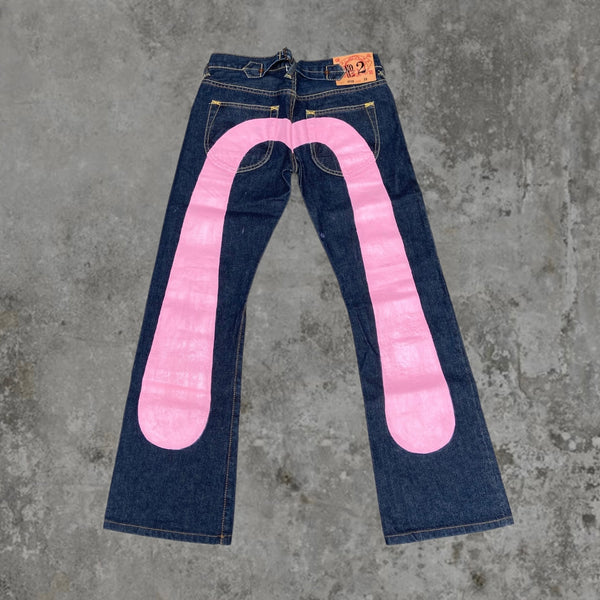 EVISU LOW-RISE PINK DAICOCK SELVEDGE JEANS - W27"